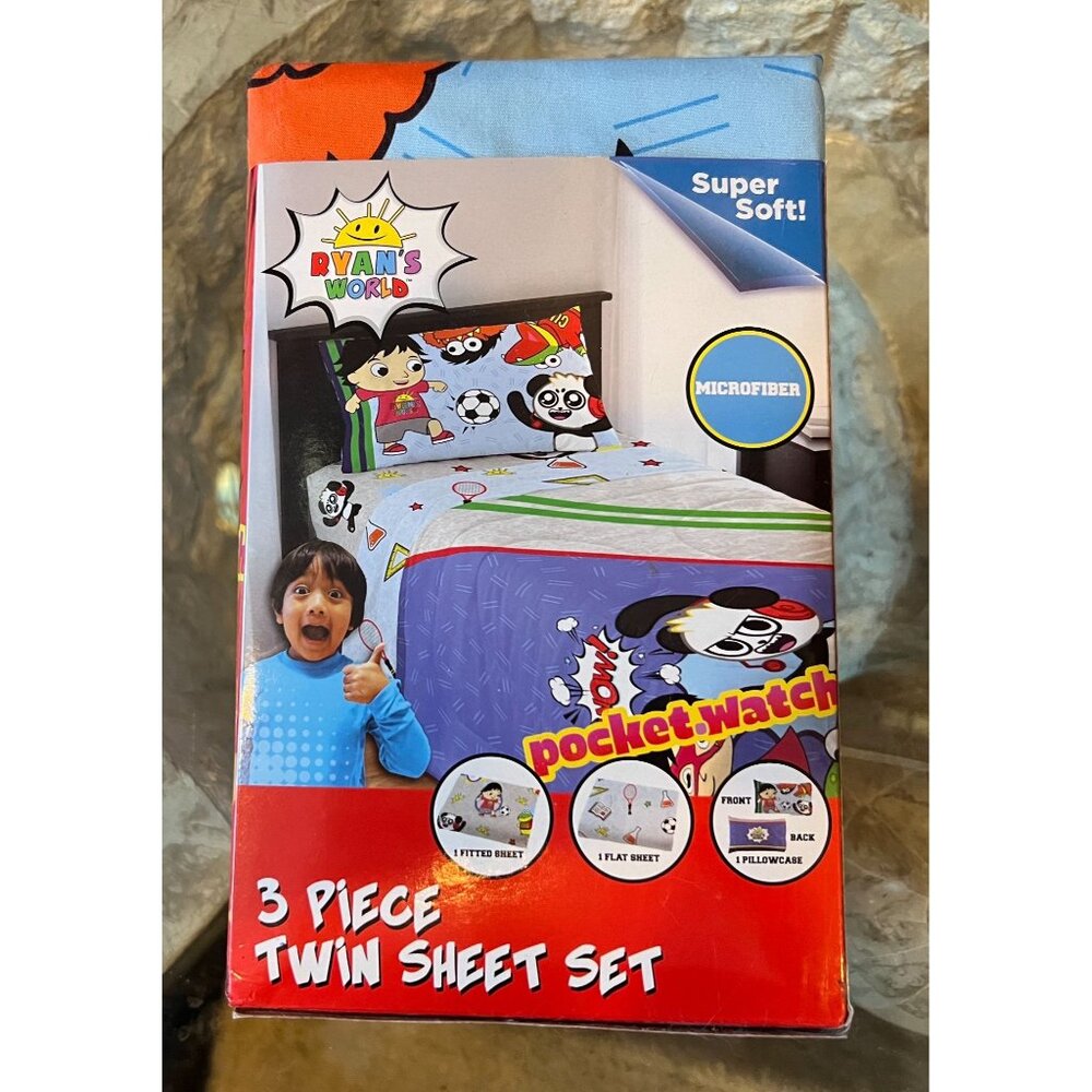 Ryan’s World 3 Piece Twin Sheet Set Microfiber NEW – Fitted Flat Pillowcase